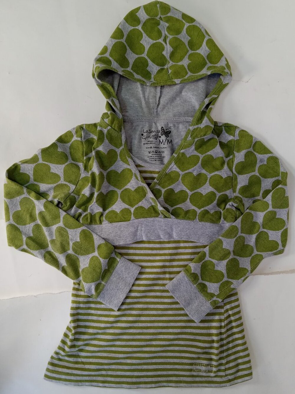 La Senza Girl Y2K Hoodie Girl Size M Green Gray Heart Stripe Knit Grungecore